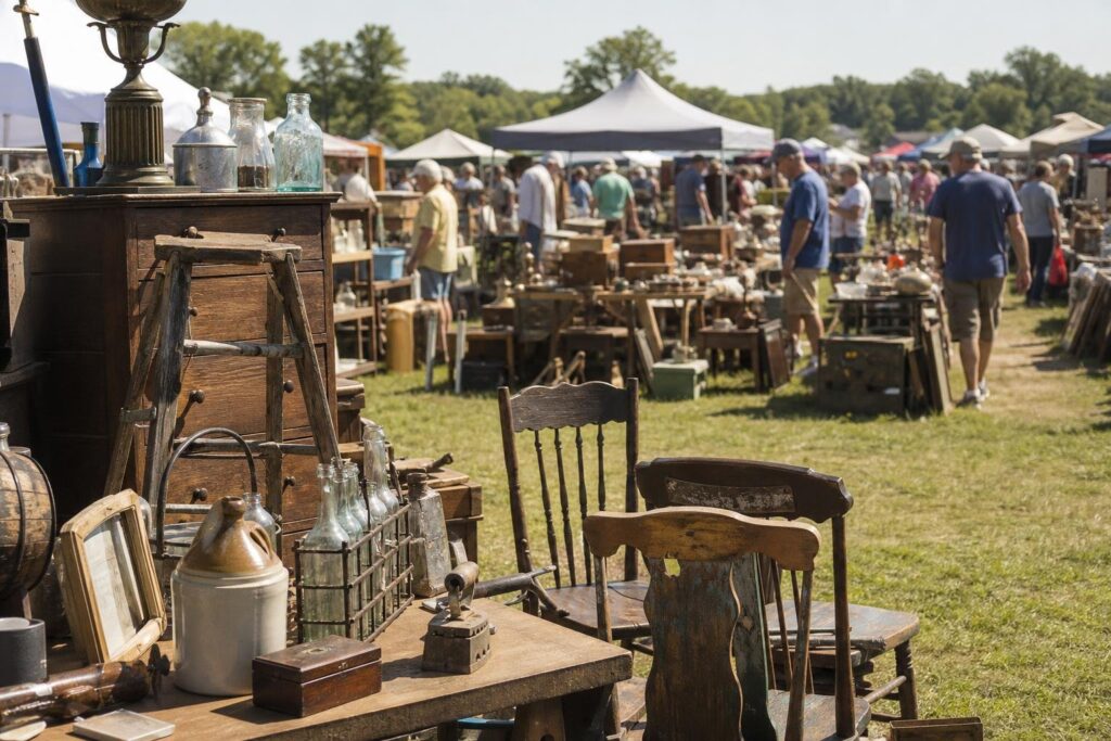 shoppers browsing antique and vintage market stalls at 127 Corridor Sale in USA