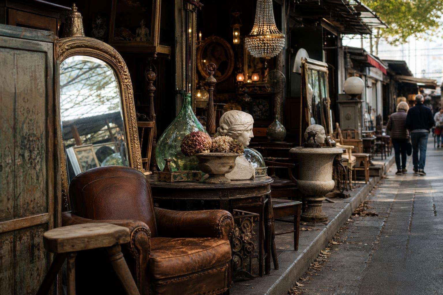 shoppers browsing antique and vintage market stalls at Marché aux Puces de Saint Ouen in Paris