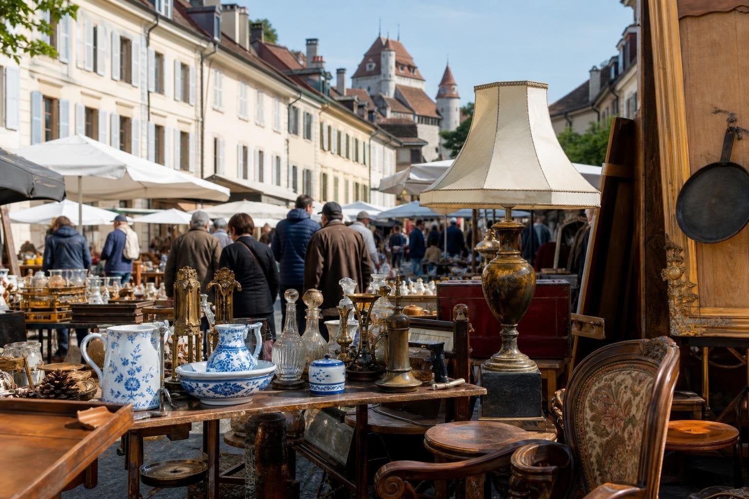 shoppers browsing antique and vintage market stalls at Puces de Nyon & Brocante de Rive in Switzerland