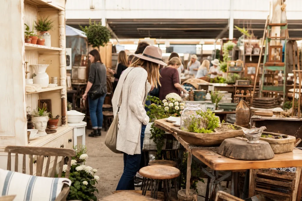 shoppers browsing antique and vintage market stalls at The Market Beautiful