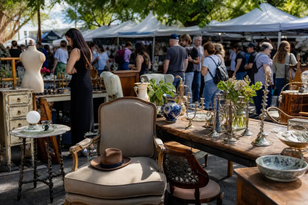shoppers browsing antique and vintage market stalls at Glebe Markets in Sydney