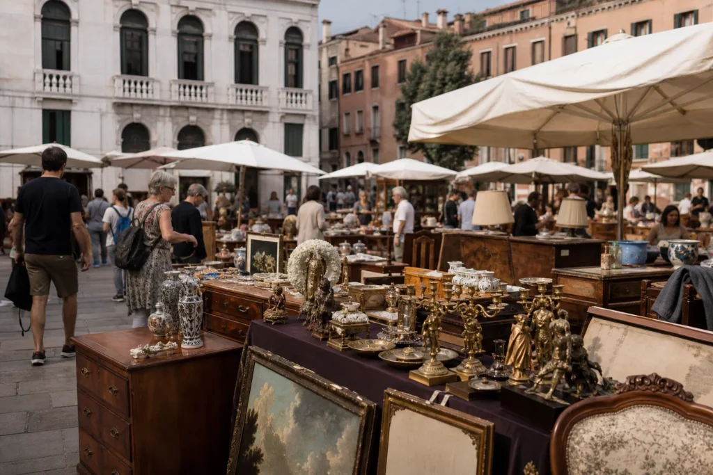 shoppers browsing antique and vintage market stalls at Mercatino Antiquariato Campo San Maurizio in Italy