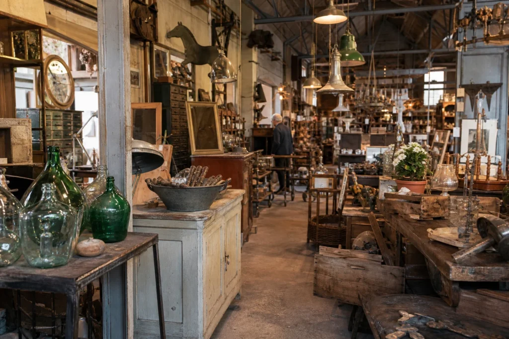 shoppers browsing antique and vintage market stalls at Sortie d’Usine Morgny in France
