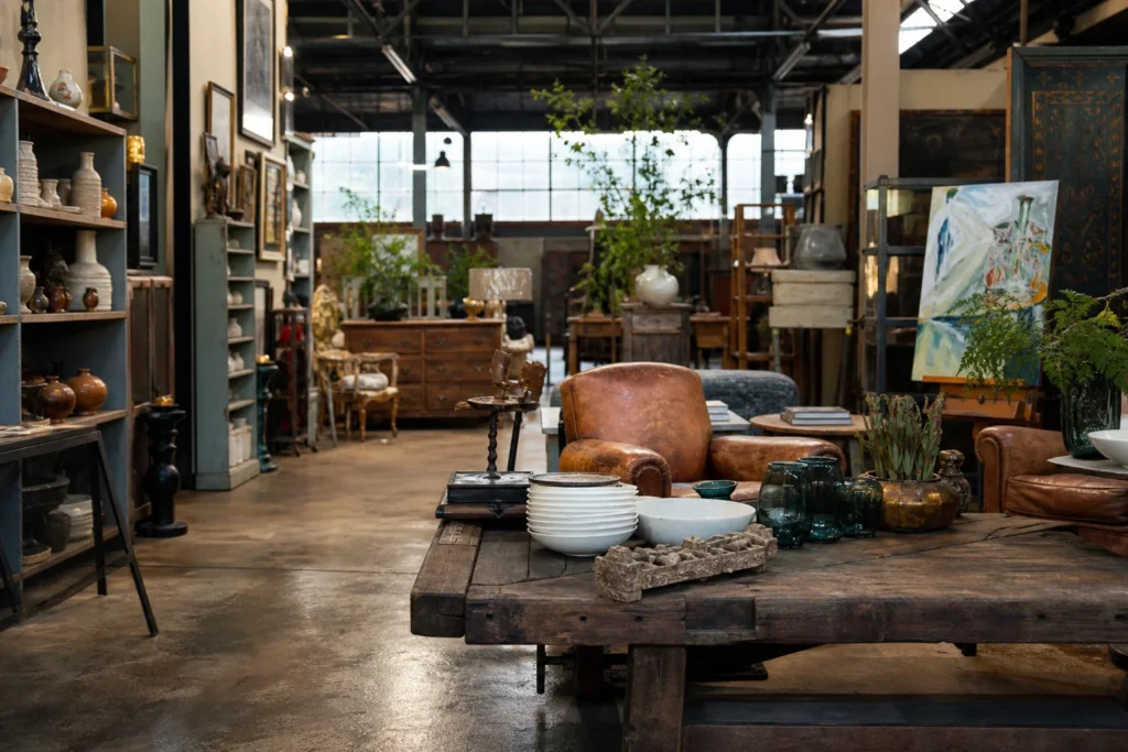 shoppers browsing antique and vintage market stalls at The Merchants Warehouse in New South Wales, Sydney