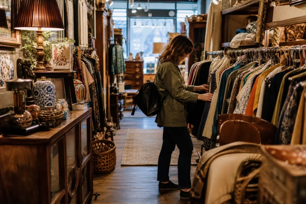 shoppers browsing antique and vintage market stalls at Vintage Thrift Shop in New York City