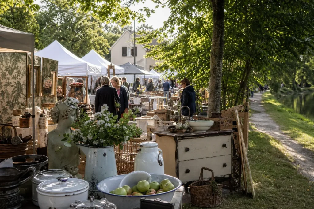 shoppers browsing antique and vintage market stalls at 3 French Hens French Country Market in Illinois