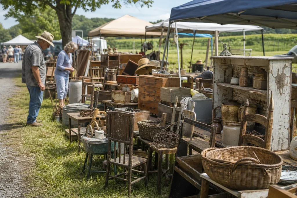 shoppers browsing antique and vintage market stalls at 301 Endless Yard Sale in North Carolina
