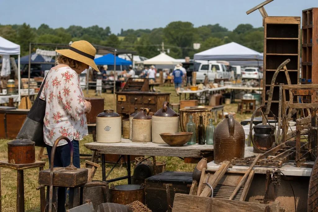 shoppers browsing antique and vintage market stalls at 400-Mile Sale Historic Highway 68 in Kentucky