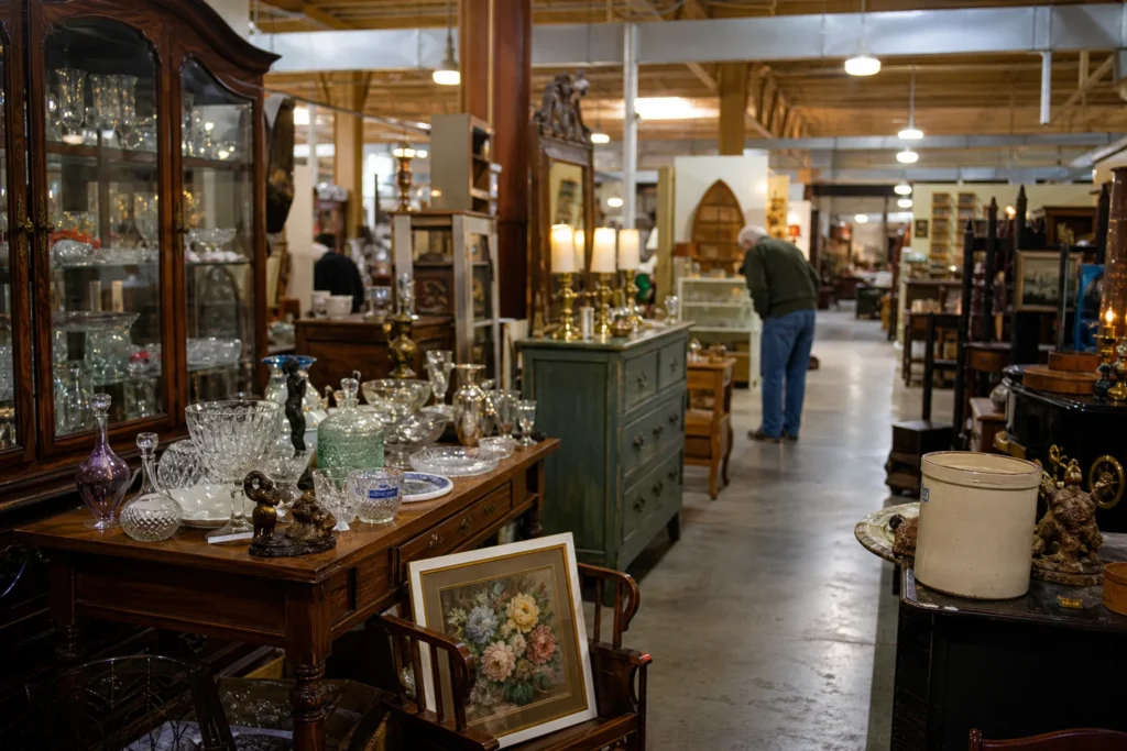 shoppers browsing antique and vintage market stalls at 49 South Antiques and Flea Market in Mississippi