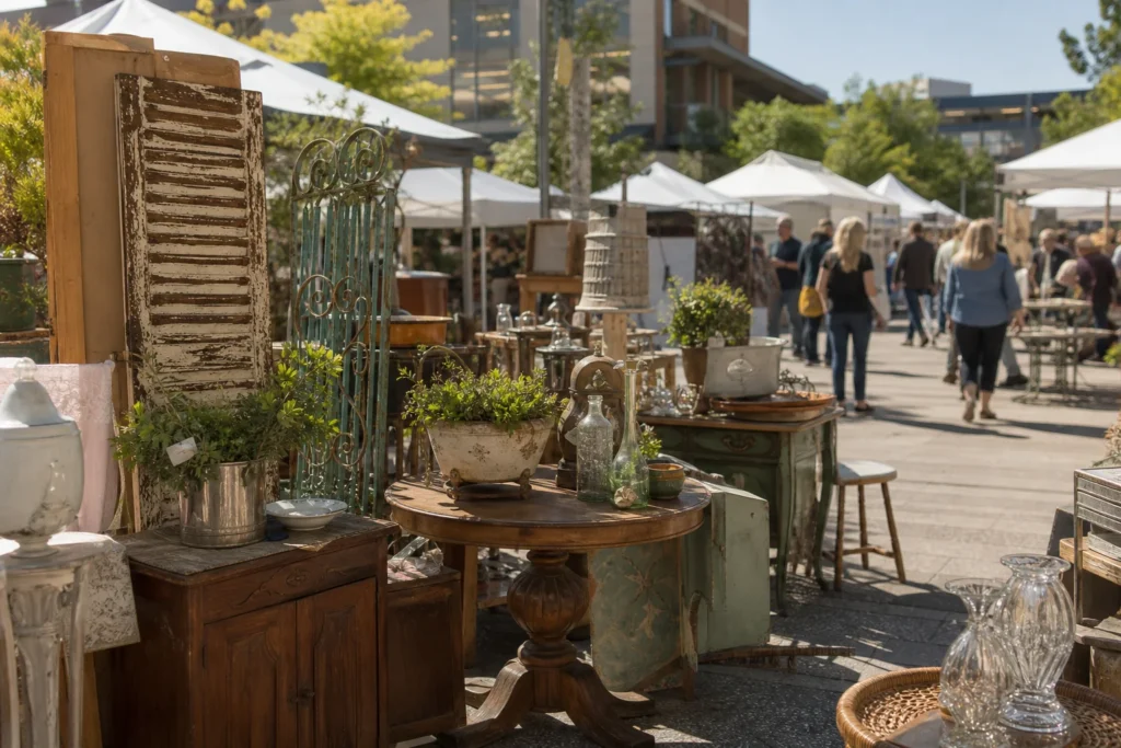 shoppers browsing antique and vintage market stalls at A Paris Street Market in Colorado