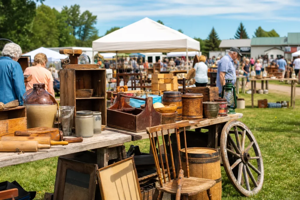 shoppers browsing antique and vintage market stalls at Aberfoyle Antique Market in Canada, Ontario