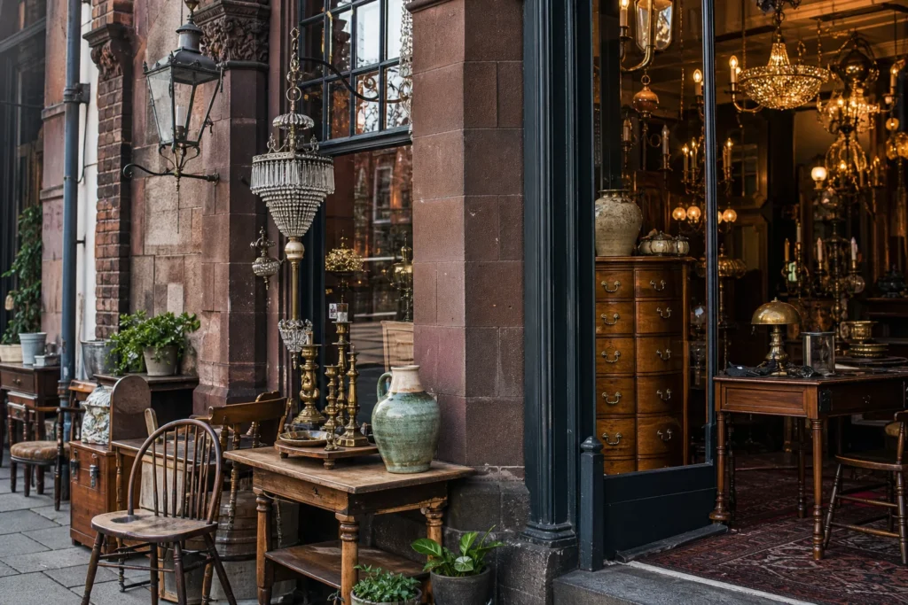 shoppers browsing antique and vintage market stalls at Agapanthus Interiors in United Kingdom