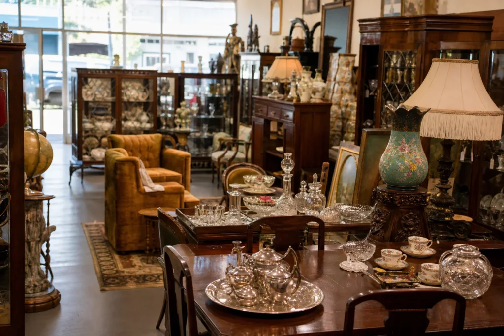 shoppers browsing antique and vintage market stalls at Albion Antiques & Associates in Brisbane