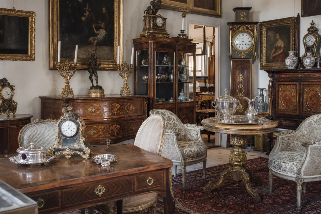 shoppers browsing antique and vintage market stalls at Alcocer Anticuarios in Spain