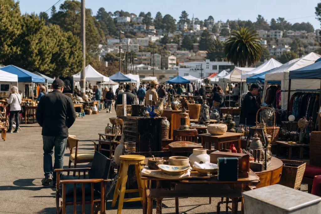 shoppers browsing antique and vintage market stalls at Alemany Flea Market in California, San Francisco