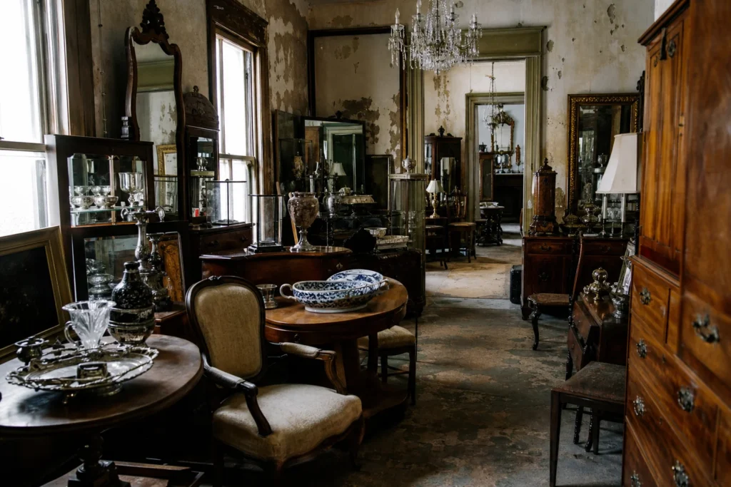 shoppers browsing antique and vintage market stalls at Alex Raskin Antiques in Georgia
