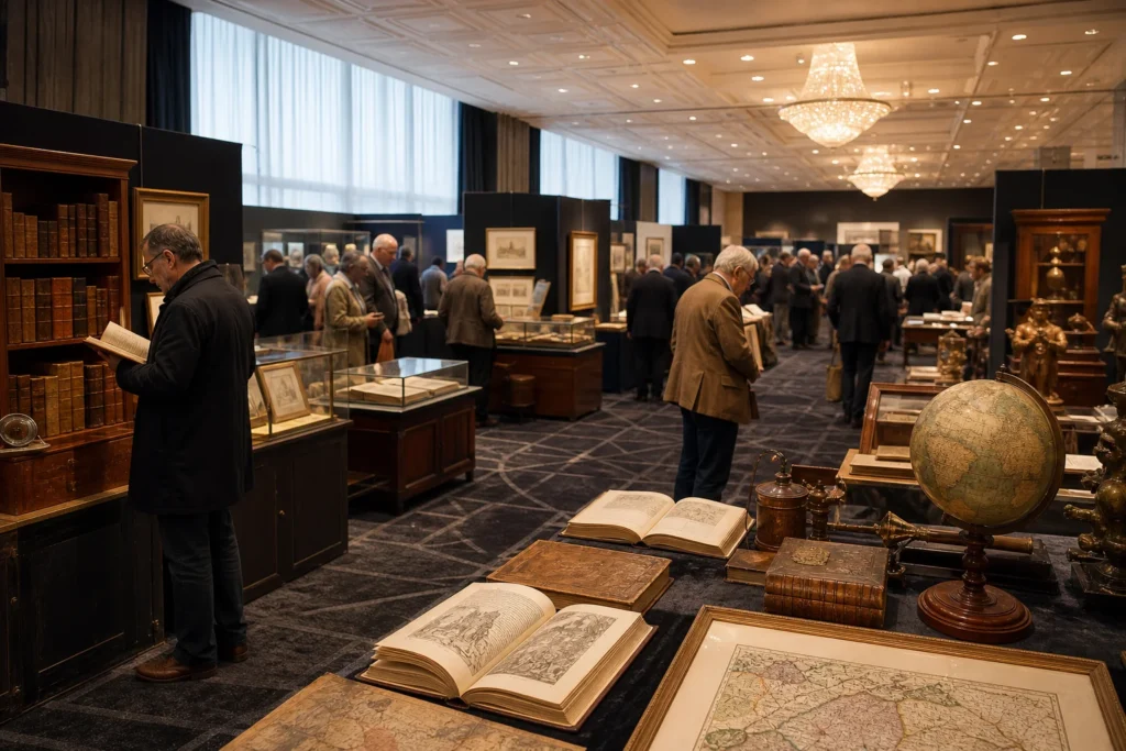 shoppers browsing antique and vintage market stalls at Amsterdam Antiquarian Fair in Amsterdam, Netherlands