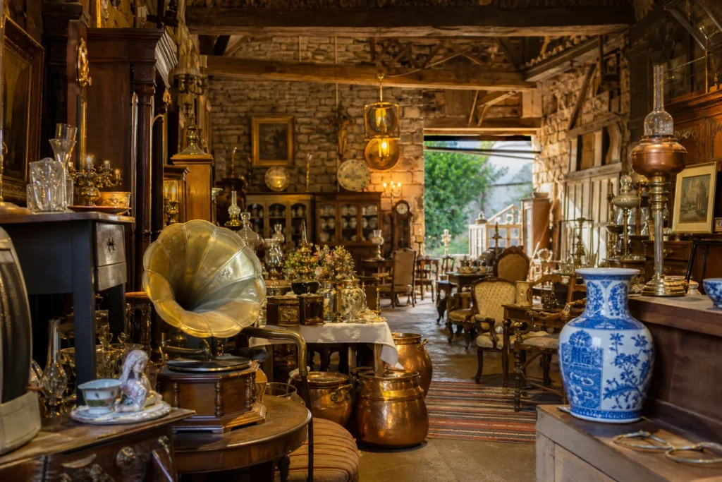 shoppers browsing antique and vintage market stalls at Angel Antiques in Germany