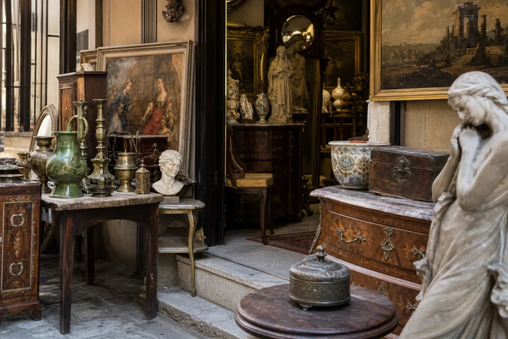 shoppers browsing antique and vintage market stalls at Angelos Vlastaris Antiques in Greece