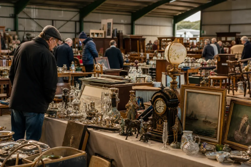 shoppers browsing antique and vintage market stalls at Anglesey Mona Showground Antiques and Collectors Fair in United Kingdom