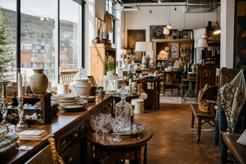 shoppers browsing antique and vintage market stalls at Annie’s Home Consignments in Colorado