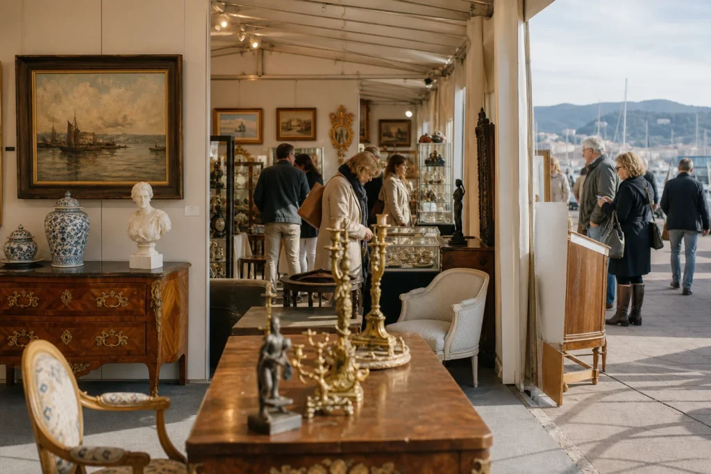 shoppers browsing antique and vintage market stalls at Antibes Art Fair in Provence