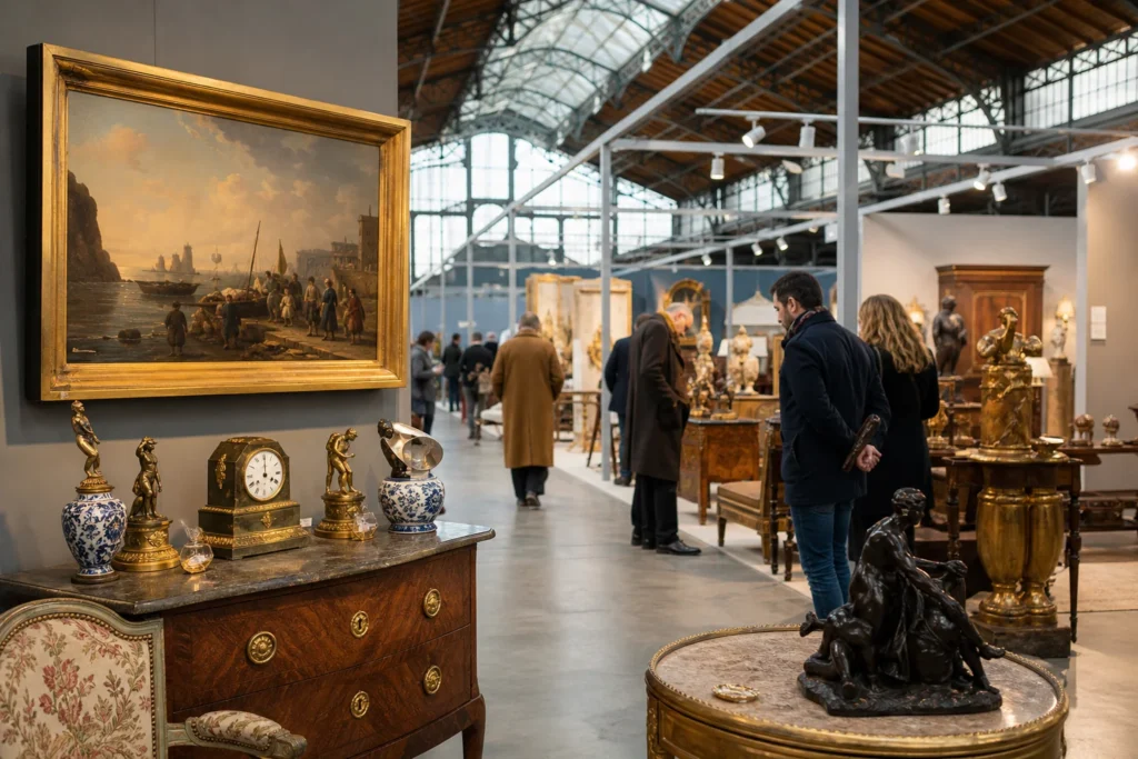 shoppers browsing antique and vintage market stalls at Antica Brussels in Belgium