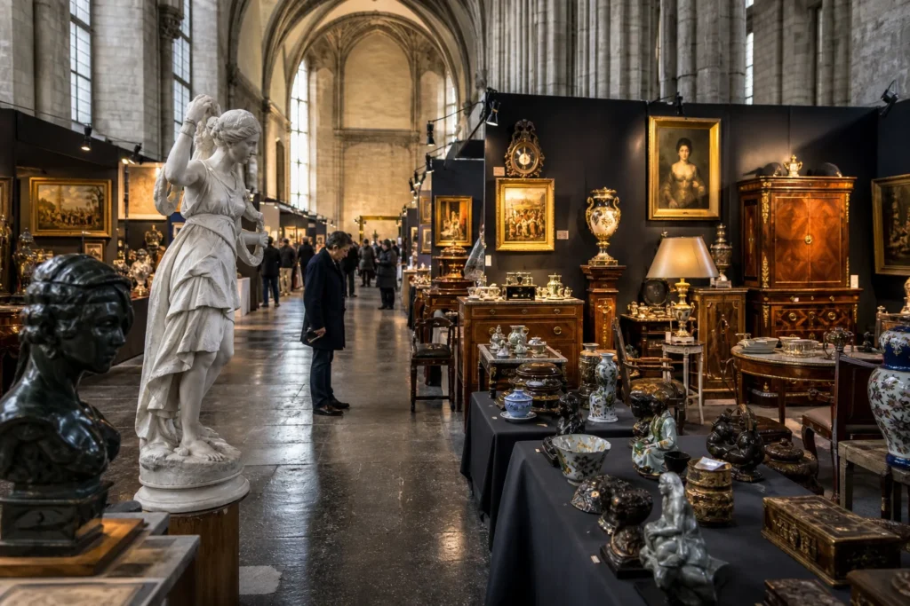 shoppers browsing antique and vintage market stalls at Antica Namur in Belgium