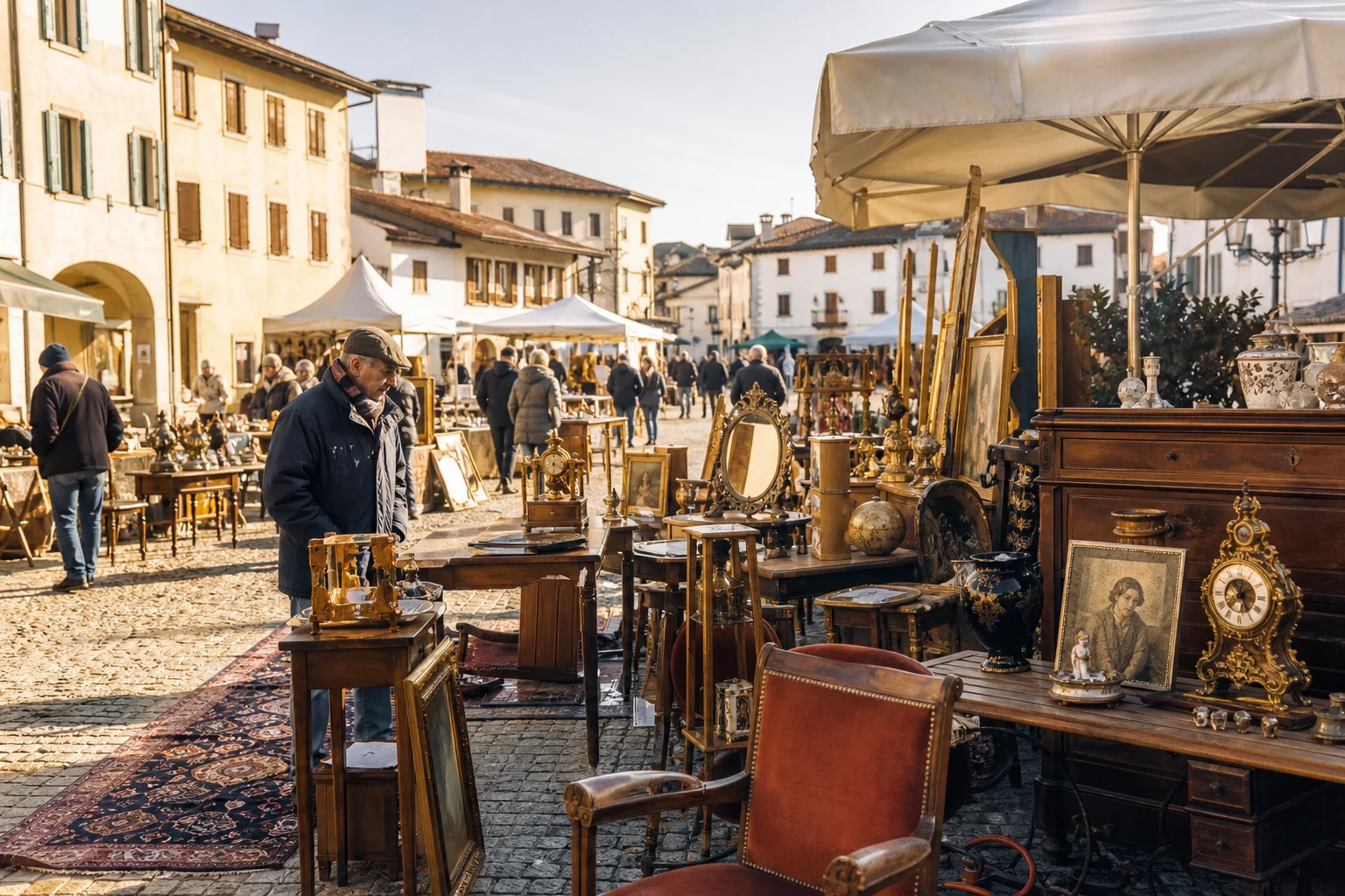 shoppers browsing antique and vintage market stalls at AnticaMente ad Aviano in Italy