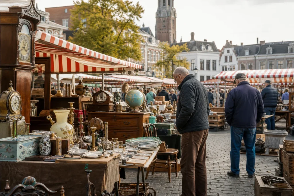 shoppers browsing antique and vintage market stalls at Antiek- en Curiosamarkt Apeldoorn in Netherlands