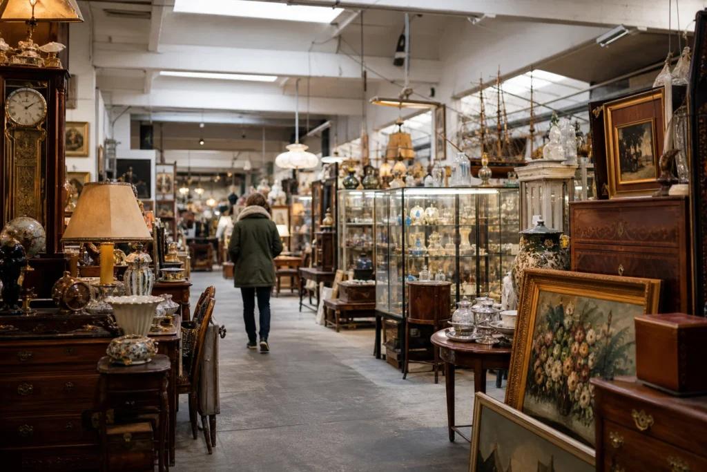 shoppers browsing antique and vintage market stalls at Antiekcentrum Amsterdam in Amsterdam, Netherlands