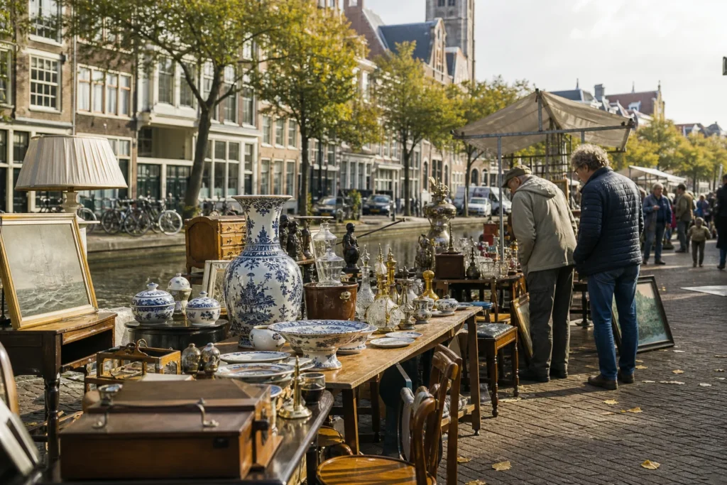shoppers browsing antique and vintage market stalls at Antiekmarkt Curiosa Delft in Netherlands