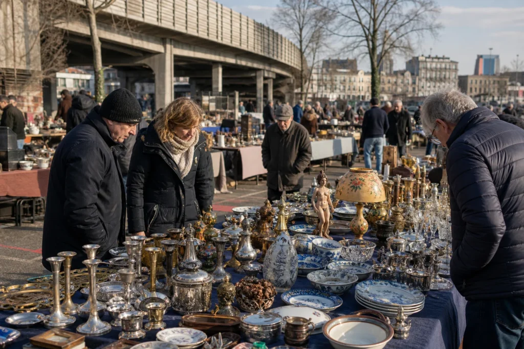 shoppers browsing antique and vintage market stalls at Antiekmarkt Sint-Jansvliet in Belgium