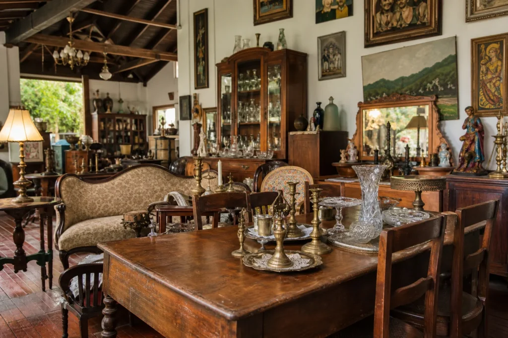 shoppers browsing antique and vintage market stalls at Antigüedades Imperio in Costa Rica