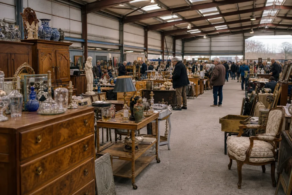 shoppers browsing antique and vintage market stalls at Antik Market Belgium