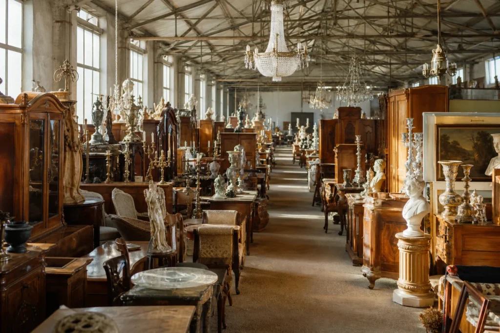 shoppers browsing antique and vintage market stalls at Antik-Möbel Hesz in Austria
