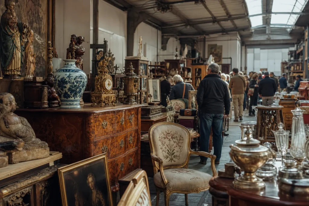 shoppers browsing antique and vintage market stalls at Antik Passion Almoneda in Spain