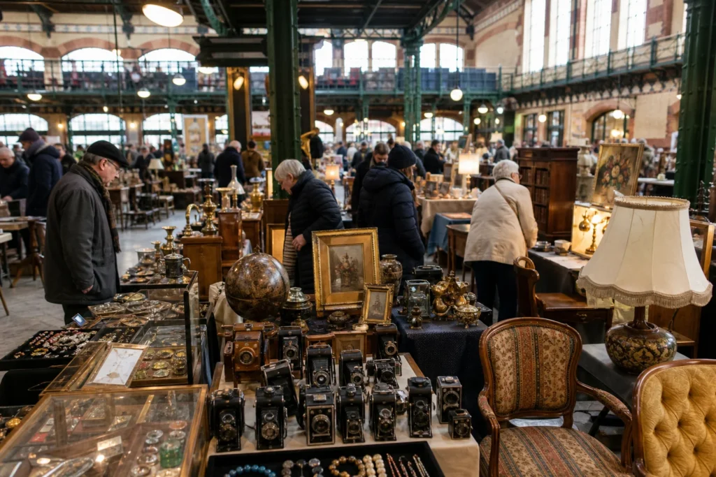 shoppers browsing antique and vintage market stalls at Antik Placc in Hungary