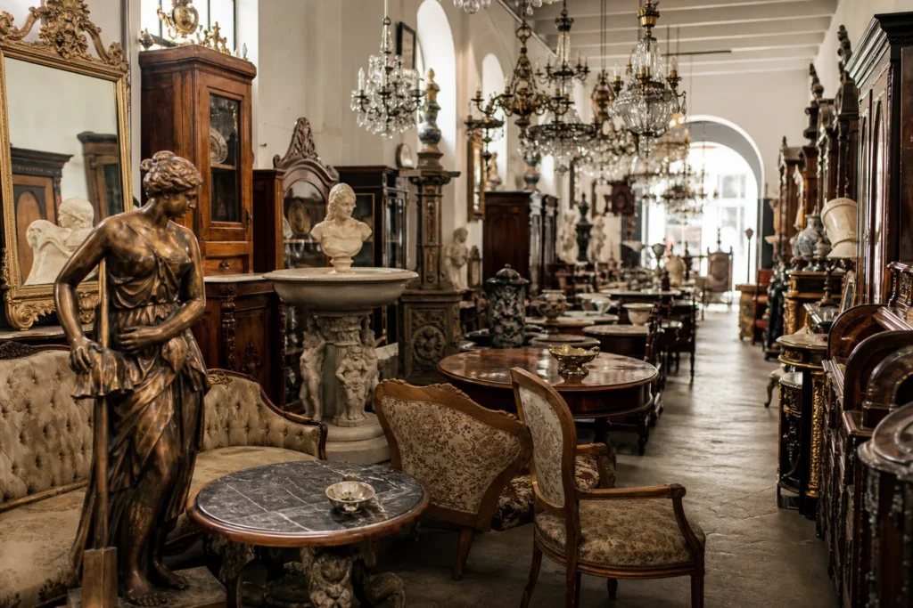 shoppers browsing antique and vintage market stalls at Antik-Shop Praha in Czech Republic