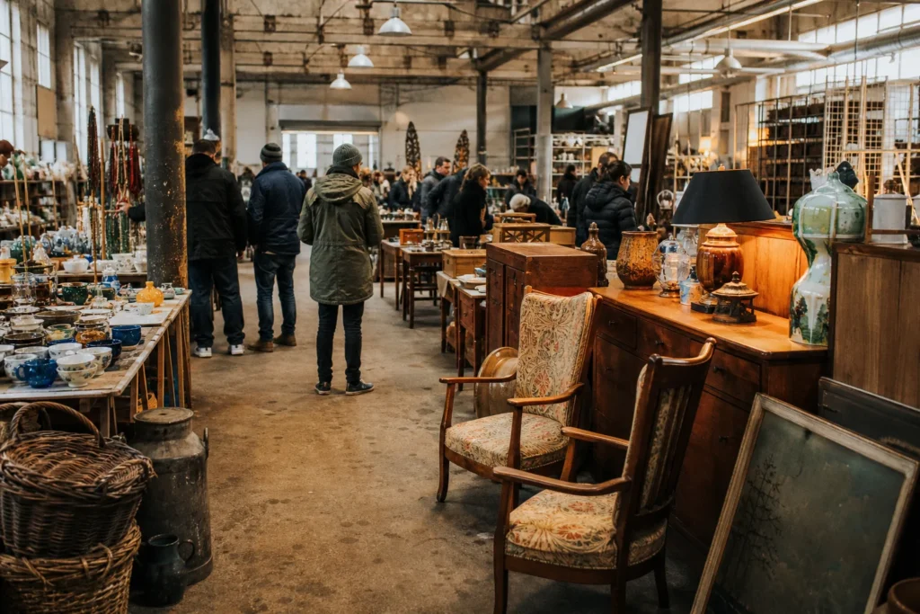 shoppers browsing antique and vintage market stalls at Antik- und Flohmarkt Flohschanze in Germany