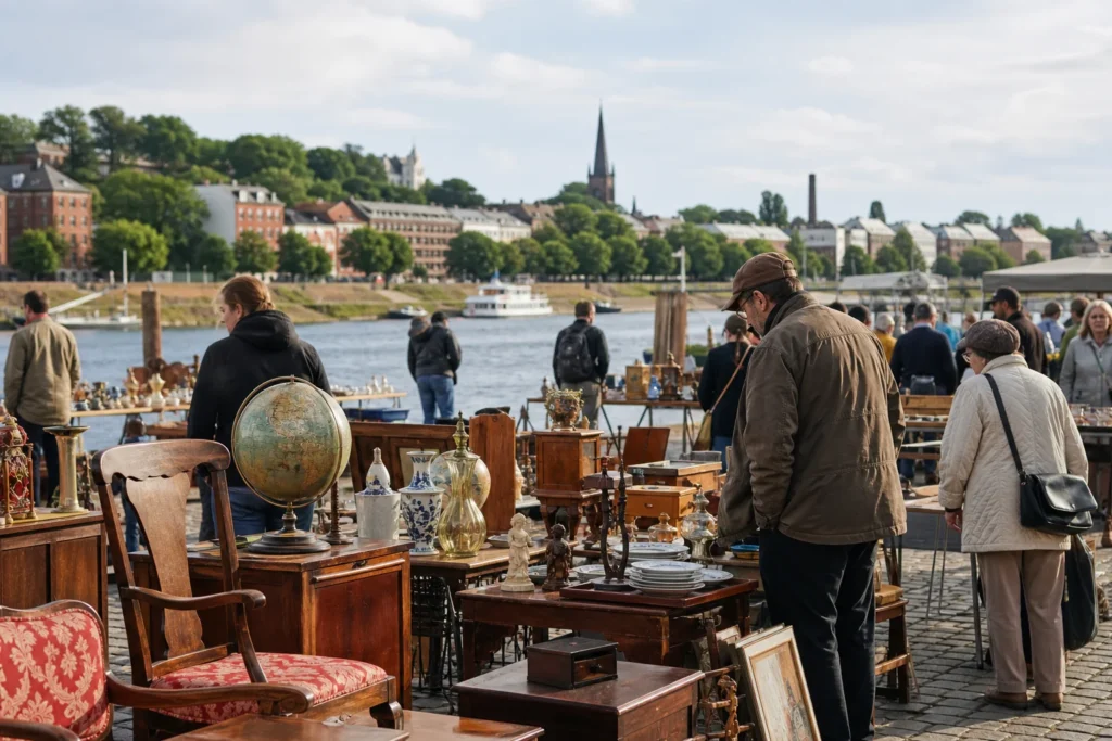 shoppers browsing antique and vintage market stalls at Antik- und Trödelmarkt am Weserufer in Germany