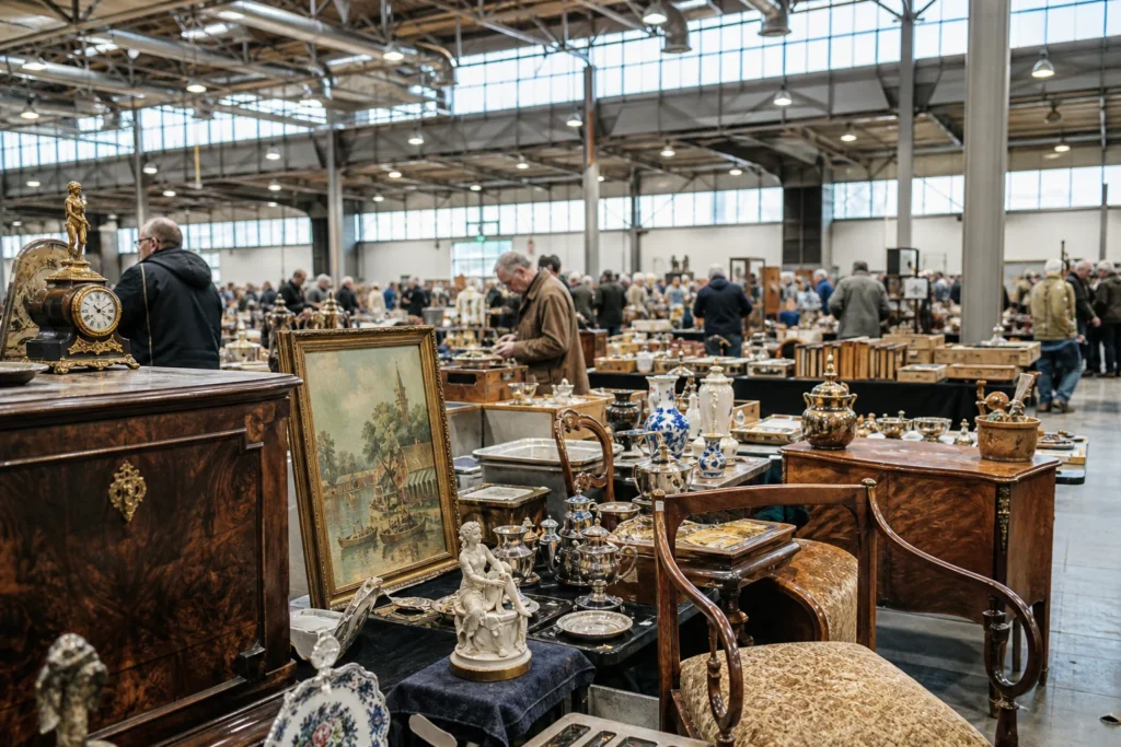 shoppers browsing antique and vintage market stalls at Antik- und Trödelmarkt auf der Agra Leipzig in Germany