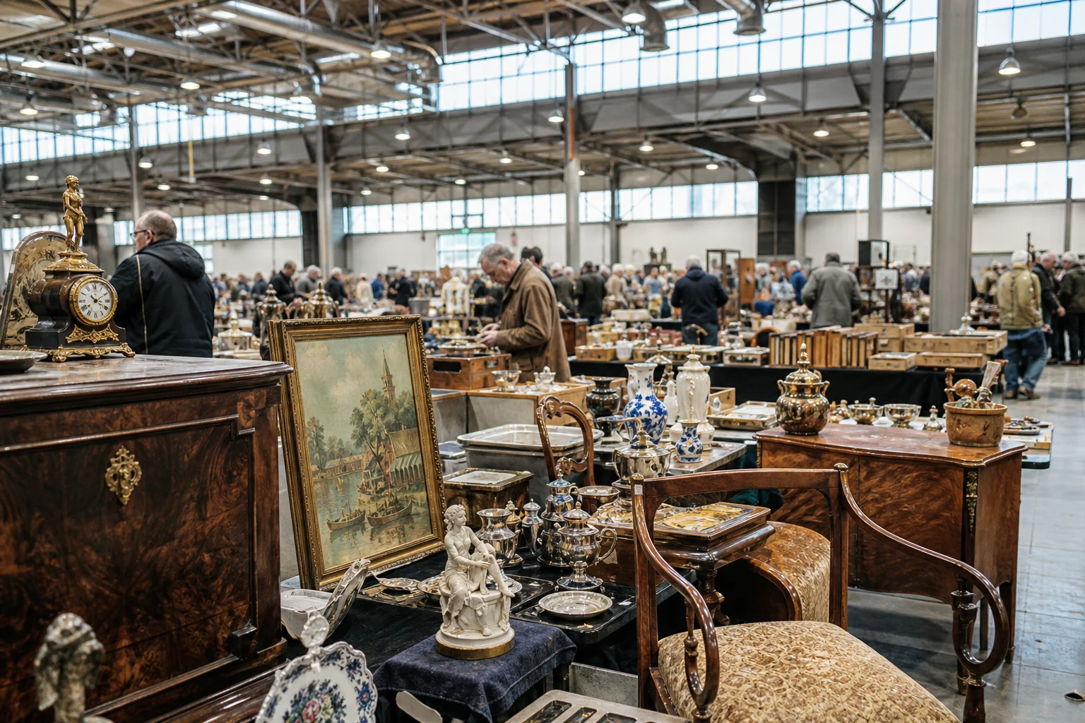 shoppers browsing antique and vintage market stalls at Antik- und Trödelmarkt auf der Agra Leipzig in Germany