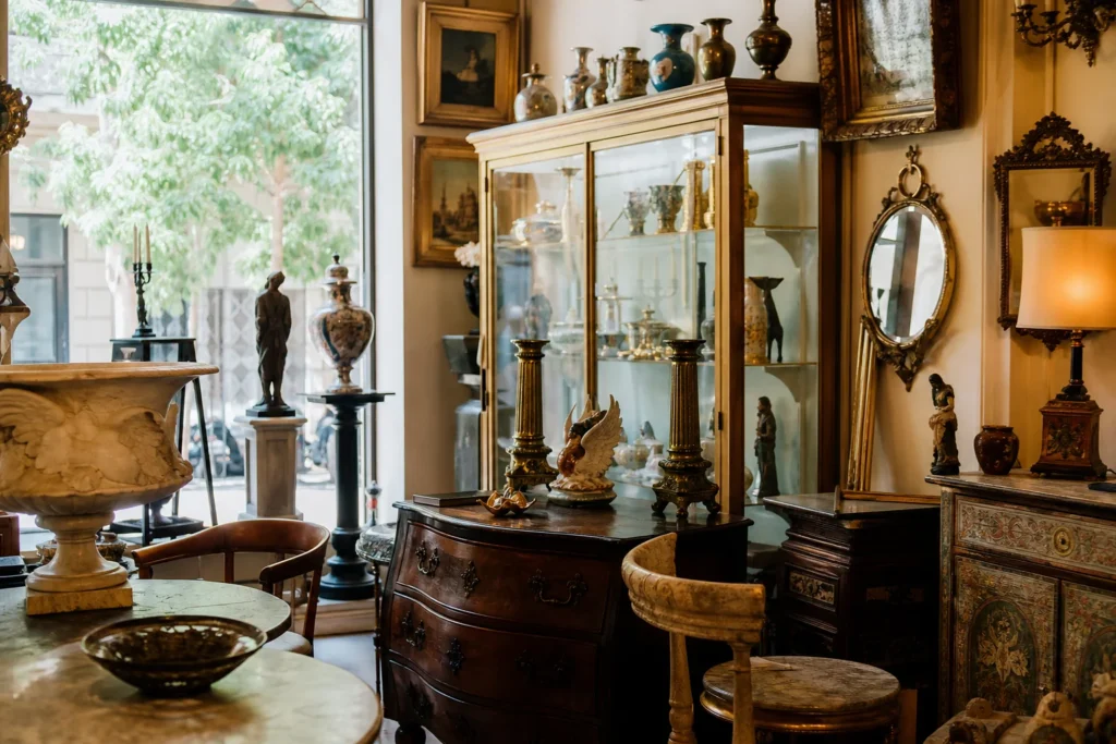 shoppers browsing antique and vintage market stalls at Antiqua Gallery – Historical Design in Greece