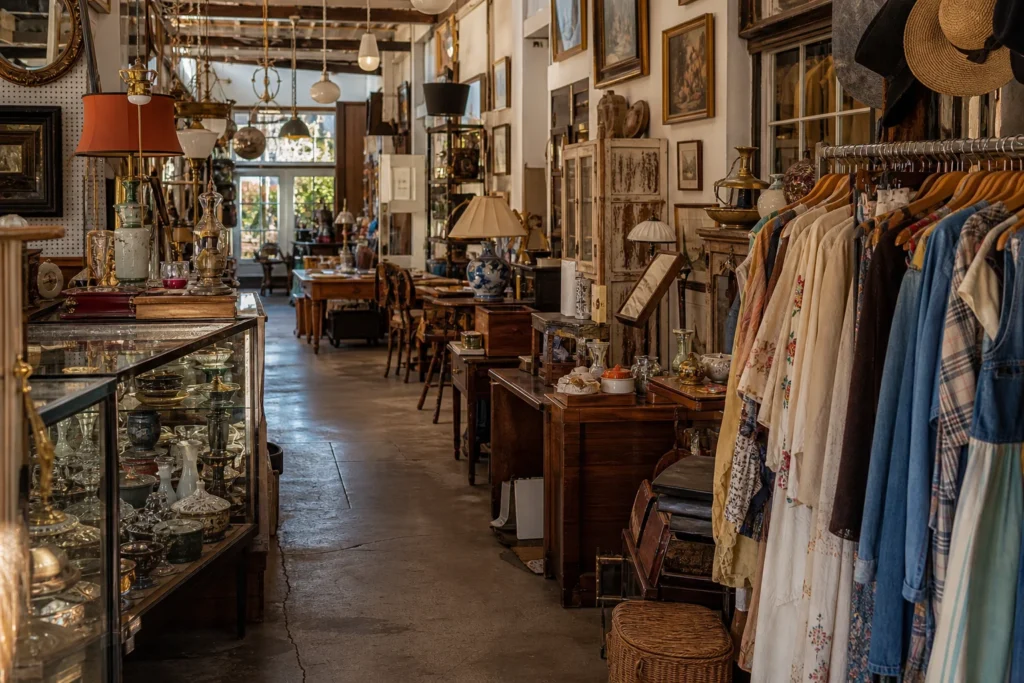 shoppers browsing antique and vintage market stalls at Antique Alley in California