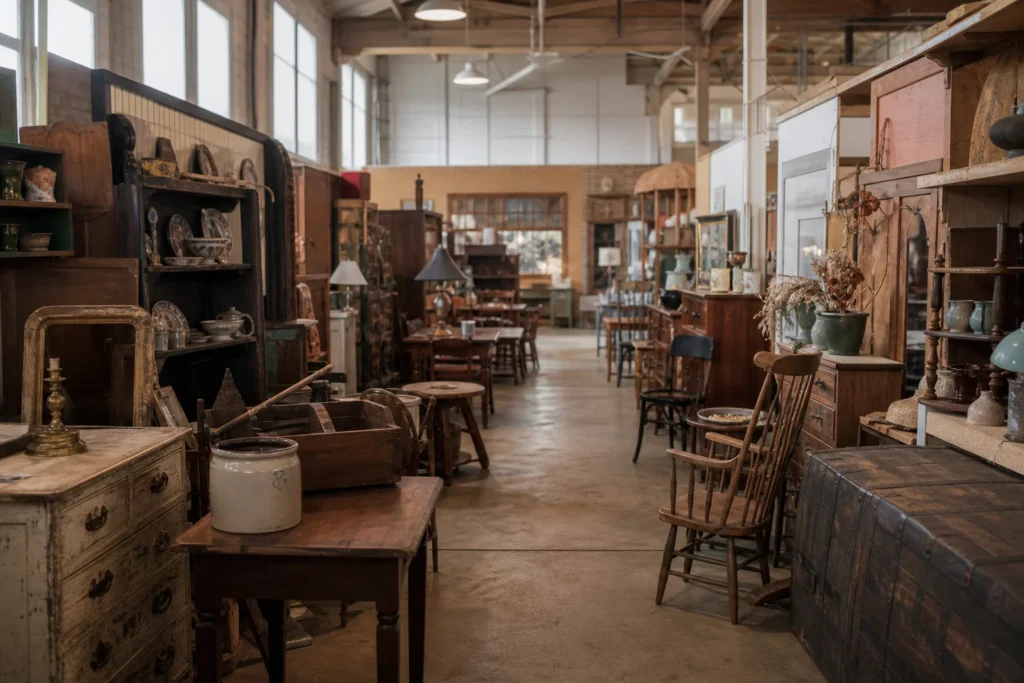 shoppers browsing antique and vintage market stalls at Antique Alley in Delaware