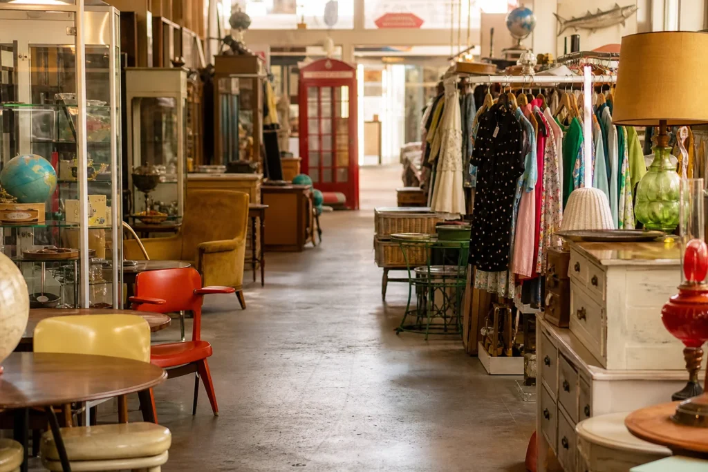 shoppers browsing antique and vintage market stalls at Antique Alley Mall in Las Vegas, Nevada