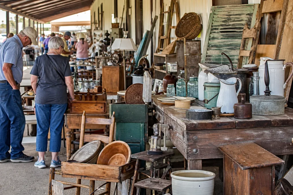 shoppers browsing antique and vintage market stalls at Antique Alley Texas