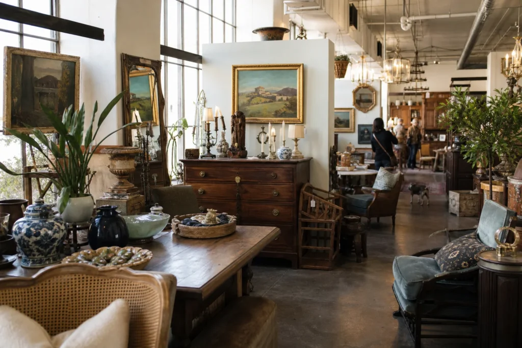 shoppers browsing antique and vintage market stalls at Antique and Art Exchange in California, San Francisco