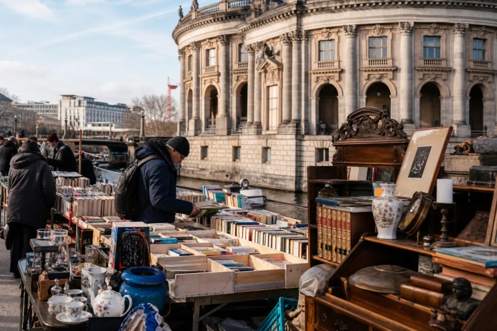 shoppers browsing antique and vintage market stalls at Antique and Buchmarkt at Bodemuseum in Berlin, Germany